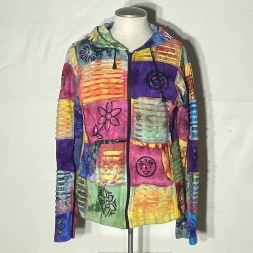 Multicolour Hippy Boho Distressed Tie Dyed Full Front Zip Hoodie S